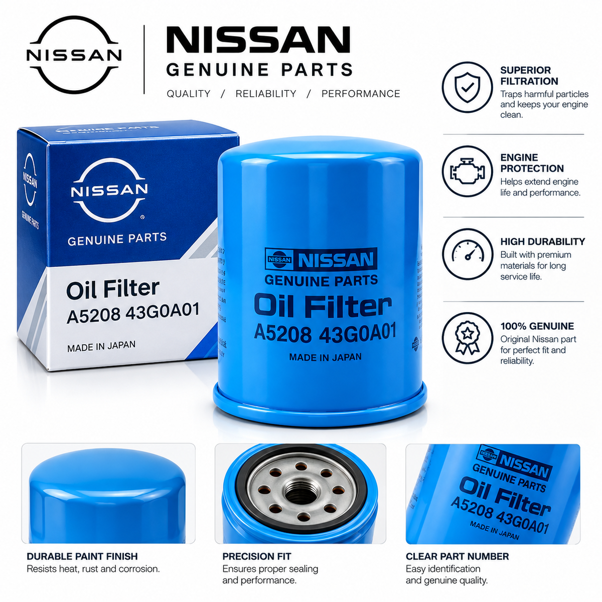 Genuine Nissan Engine Oil Filter A5208-43G0A01 – OEM Replacement Spin-On Oil Filter for 1984–1986 Nissan 720 SD25 Diesel - Swift Autoparts
