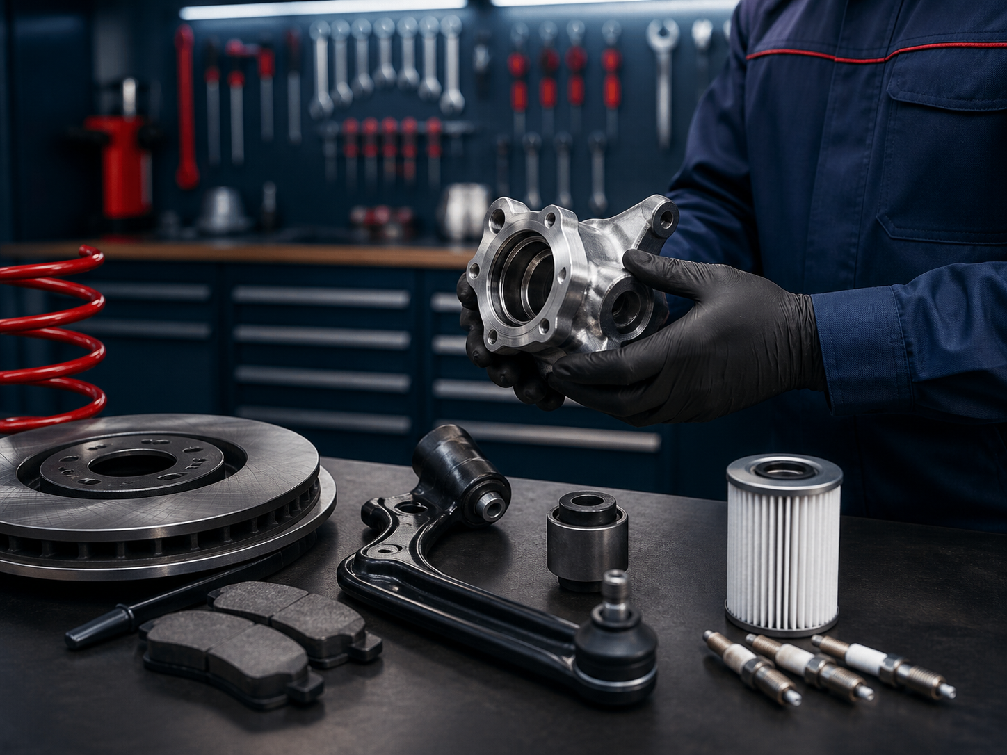 Automotive components being inspected in a professional workshop