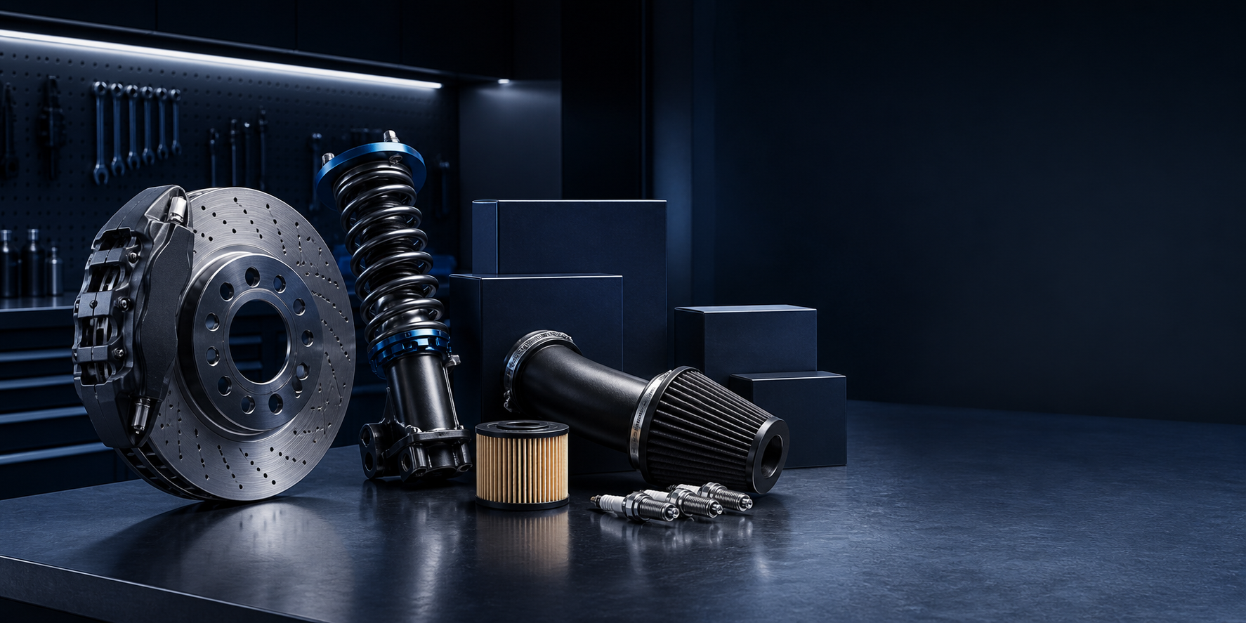 Premium automotive parts in a workshop